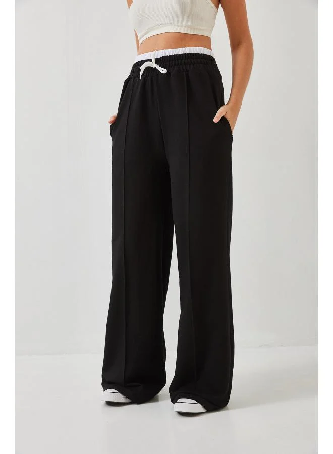 Ginger  Contrast Waistband Detail Straight Fit Pants for Women | Best Price UAE