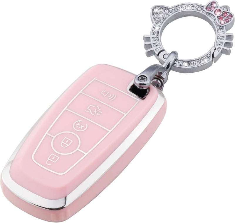 PANGPAI Pink Key Fob Cover for Ford, Soft TPU Key Case Protection with Bling Keychain Fit for Edge Escape Expedition Explorer Fusion Mustang Ranger F-150 F-250 - Image 1
