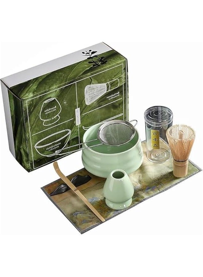 تراسل مجموعة خفاقة ماتشا من هوكور، مجموعة ادوات تقليب شاي ماتشا مكونة من 7 قطع، مغرفة شاي، حامل خفاقة سيراميك يدوي الصنع لحفلات الشاي الياباني - Image 1