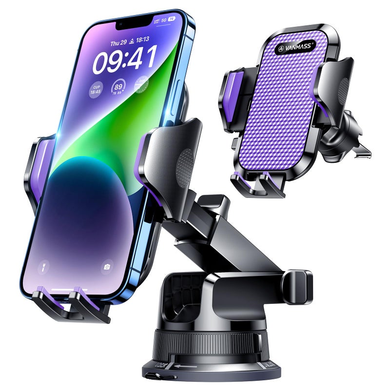 VANMASS [True Military-Grade] Car Phone Holder [Upgraded Suction & Clip] Cell Phone Mount for Dashboard Windshield Vent Truck Cradle Dash Stand for iPhone 16 Pro Max 15 14 13 12 Android, Purple