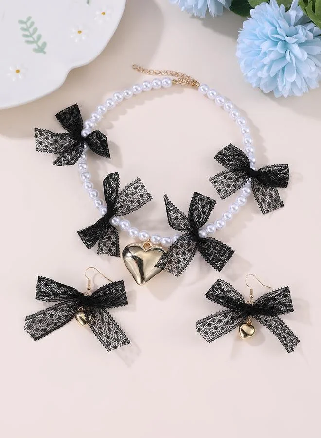 Take Two Girls Lace Bow and Heart Charms Pearl Necklace and Earrings Set