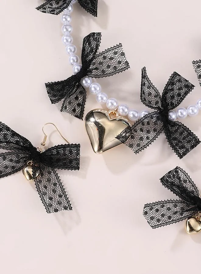 Take Two Girls Lace Bow and Heart Charms Pearl Necklace and Earrings Set