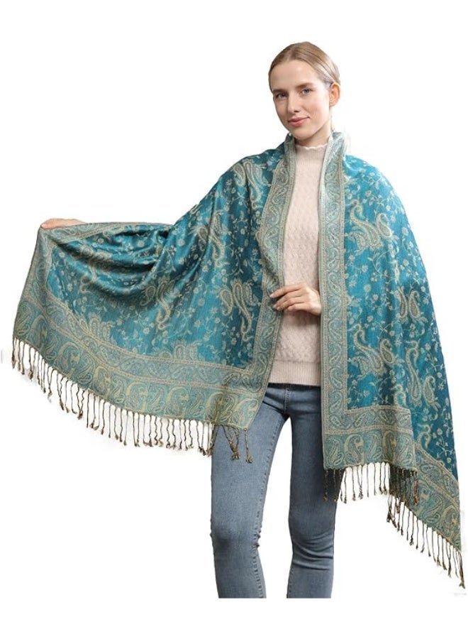Two Tone Womens Shawl womens Paisley Pashmina Scarf Shawls Women Wrap Shawl tassels Scarves for Women Wedding Party Bridal Long Fashion Solid Shawl Wrap with Fringes - Image 2