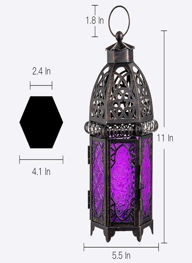 DECORKEY Ramadan Decorations Indoor, Purple Decorative Candle Lantern for Halloween Light Decor, 12.8’’ Moroccan Metal Hanging&Tabletop Lantern, Ramadan Lantern for Home Outdoor Patio(Purple) - Image 3