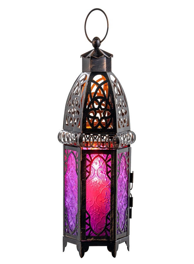 DECORKEY Ramadan Decorations Indoor, Purple Decorative Candle Lantern for Halloween Light Decor, 12.8’’ Moroccan Metal Hanging&Tabletop Lantern, Ramadan Lantern for Home Outdoor Patio(Purple) - Image 1