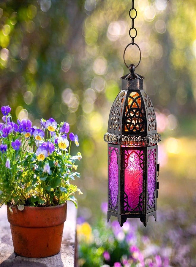 DECORKEY Ramadan Decorations Indoor, Purple Decorative Candle Lantern for Halloween Light Decor, 12.8’’ Moroccan Metal Hanging&Tabletop Lantern, Ramadan Lantern for Home Outdoor Patio(Purple) - Image 2