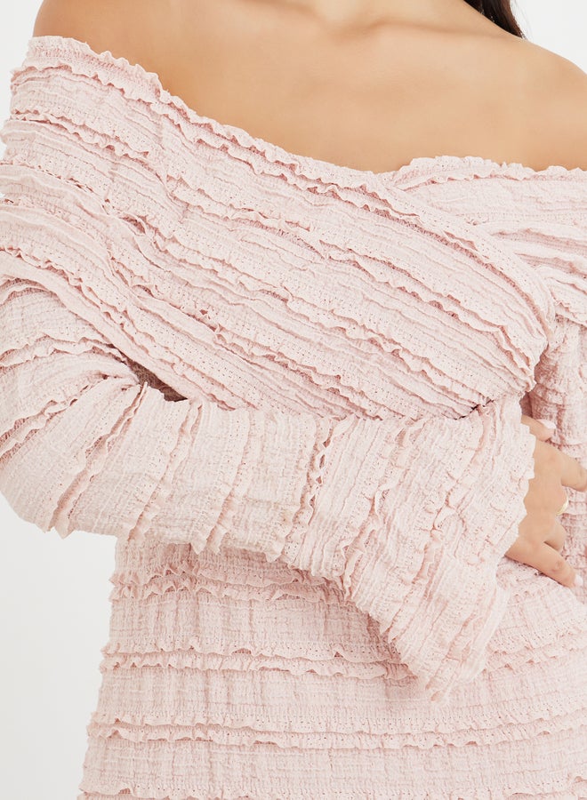 ستايلي فستان ميدي ستايلي بياقة مكشوفة وكشكشة - Image 4