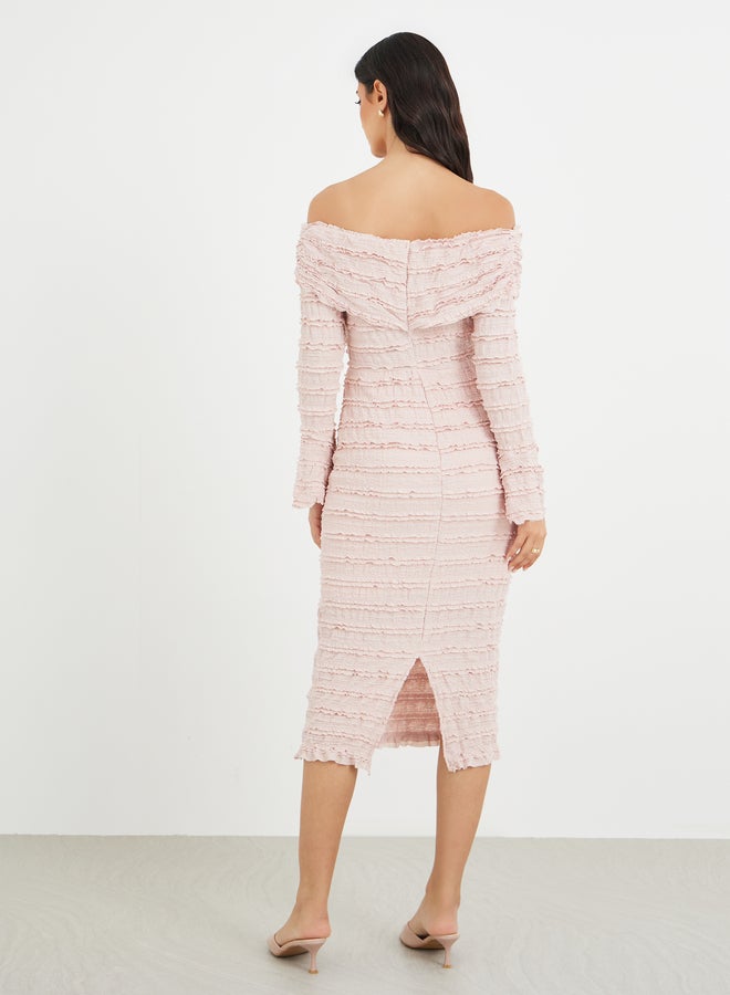 ستايلي فستان ميدي ستايلي بياقة مكشوفة وكشكشة - Image 5