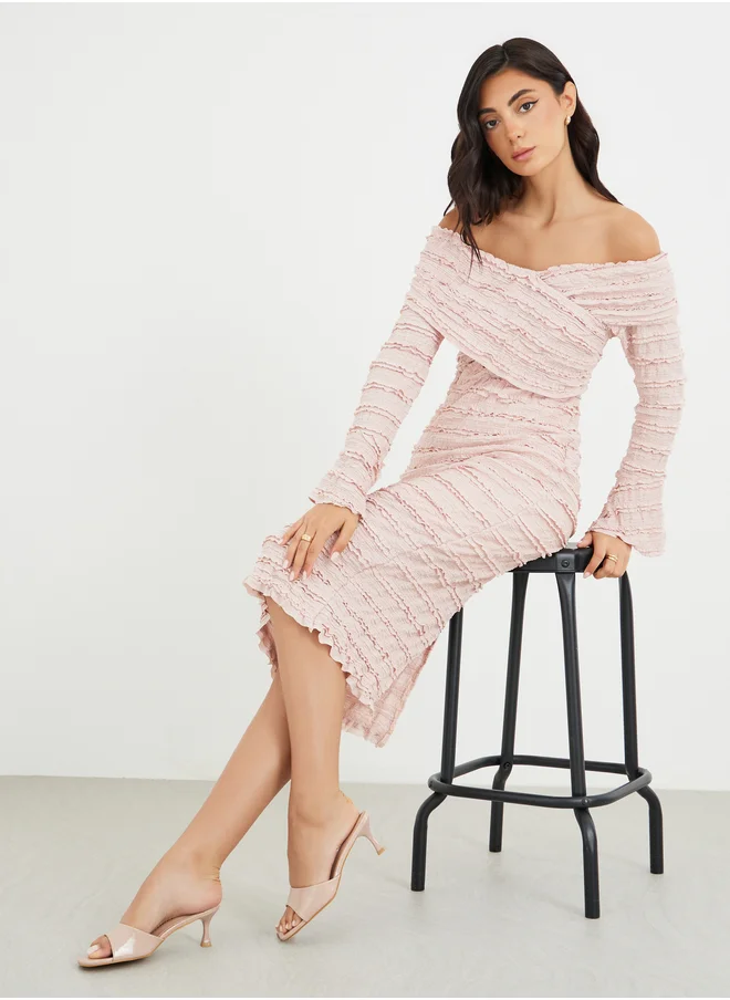 ستايلي Styli Solid Ruffle Trim Off Shoulder Neck Sheath Midi Dress