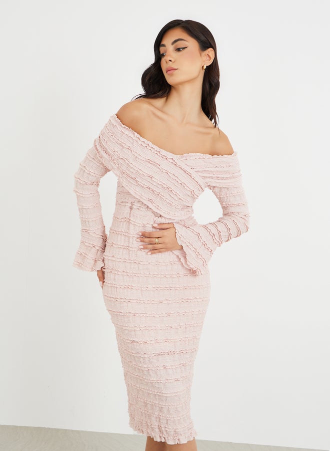 ستايلي فستان ميدي ستايلي بياقة مكشوفة وكشكشة - Image 3