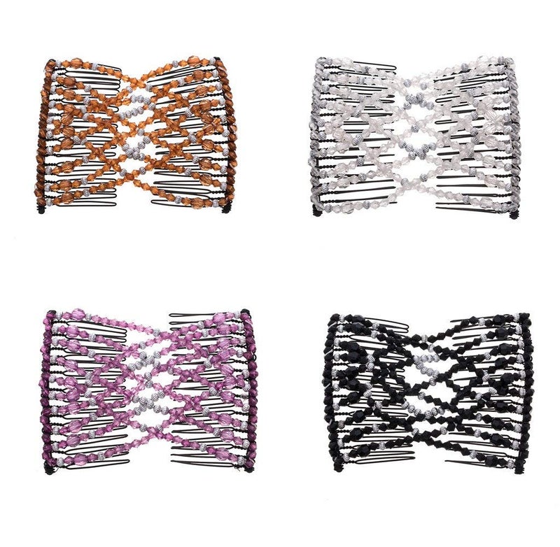 LOVEF 4Pcs Fashion Magic Beads Elasticity Double Hair Comb Clip Stretchy Hair Combs Clips