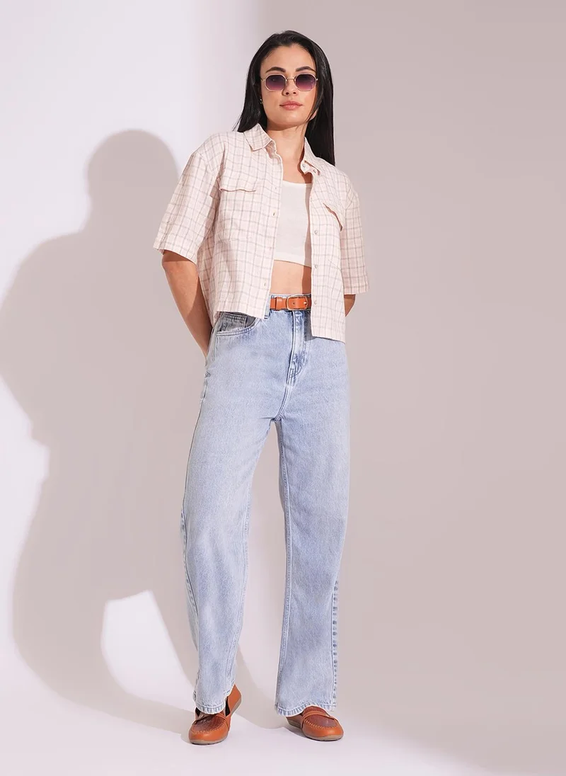 جلو باص جينز نسائي قطن مستقيم بخصر مرتفع من جلوبس