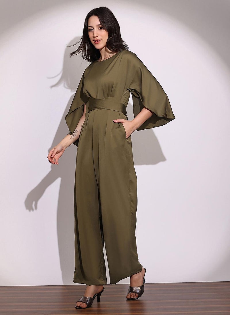 Globus Women Brown Boat Neck Cape Sleeves Criss Cross Waist Tie-Up Detail Sheen Party Jumpsuit - Image 3