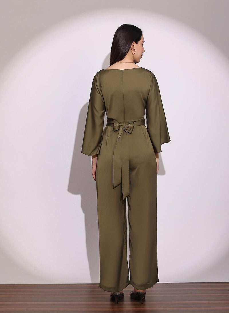 Globus Women Brown Boat Neck Cape Sleeves Criss Cross Waist Tie-Up Detail Sheen Party Jumpsuit - Image 4