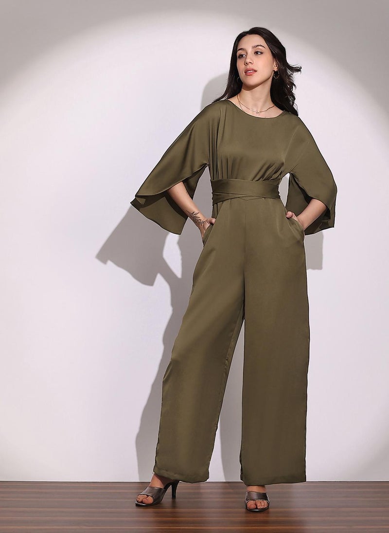 Globus Women Brown Boat Neck Cape Sleeves Criss Cross Waist Tie-Up Detail Sheen Party Jumpsuit - Image 1
