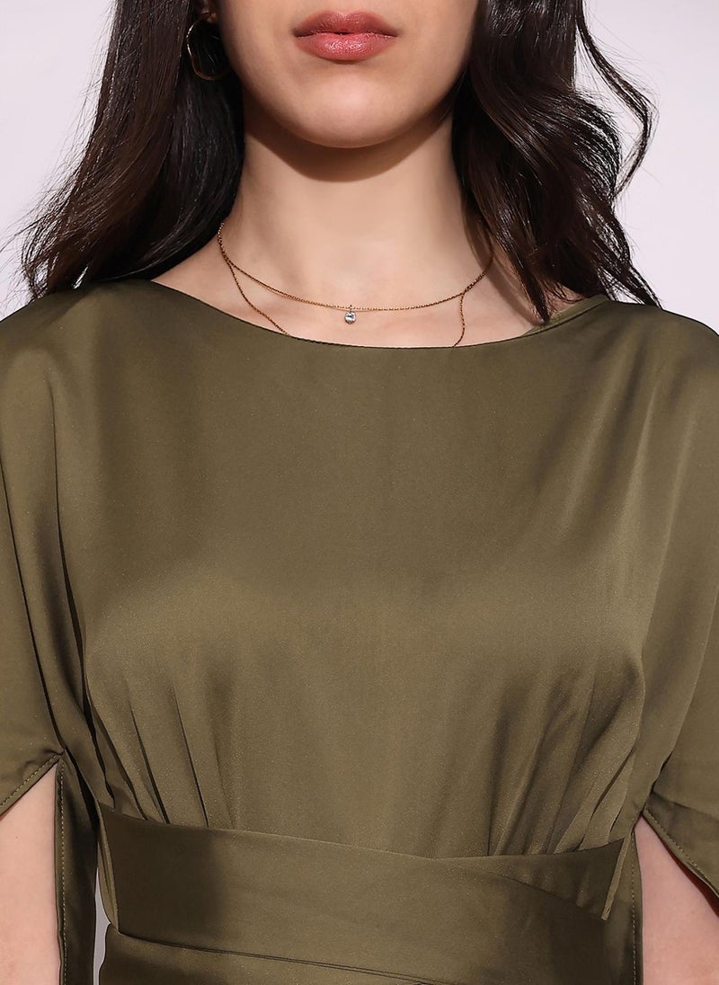 Globus Women Brown Boat Neck Cape Sleeves Criss Cross Waist Tie-Up Detail Sheen Party Jumpsuit - Image 5