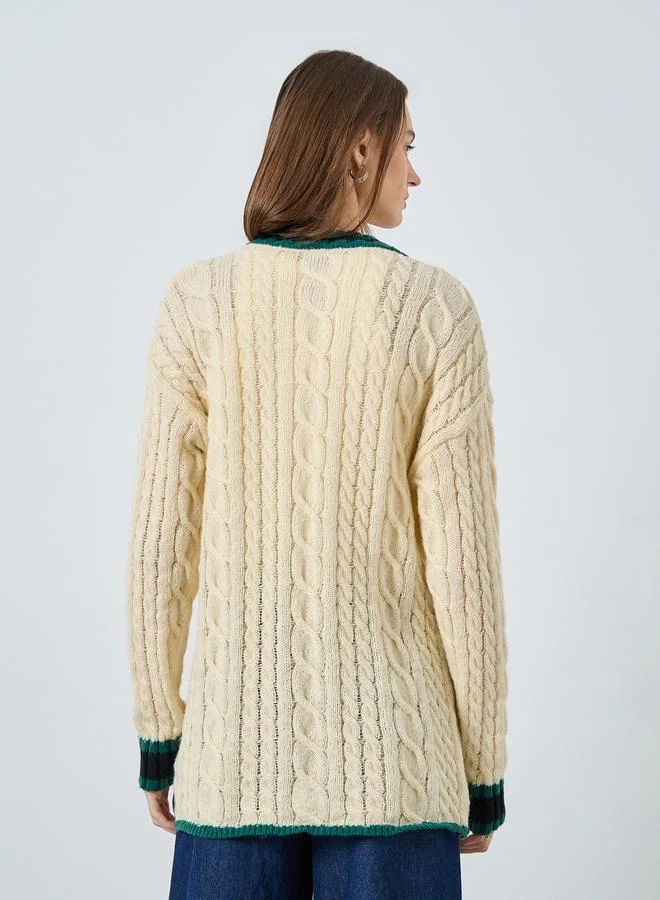 Styli Cream Cable Knit Cardigan Sweater