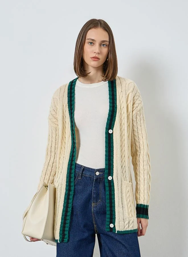 Styli Cream Cable Knit Cardigan Sweater