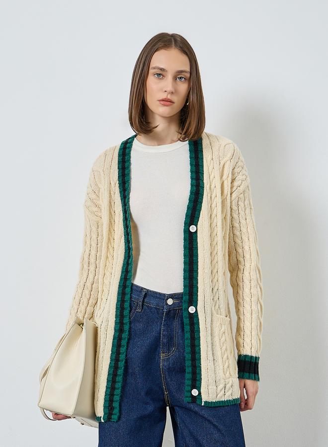 Styli Cream Cable Knit Cardigan Sweater - Image 3