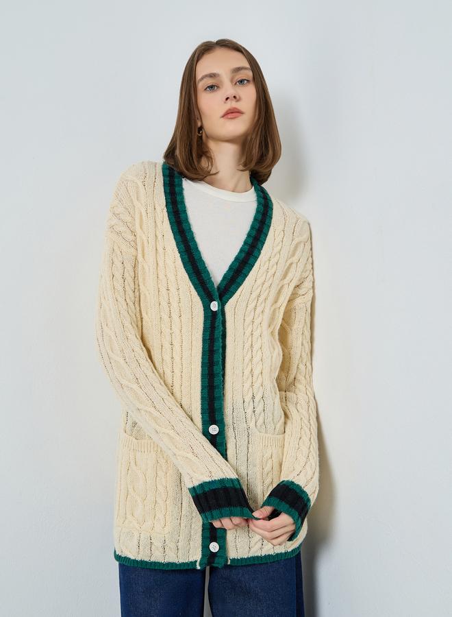 Styli Cream Cable Knit Cardigan Sweater - Image 1