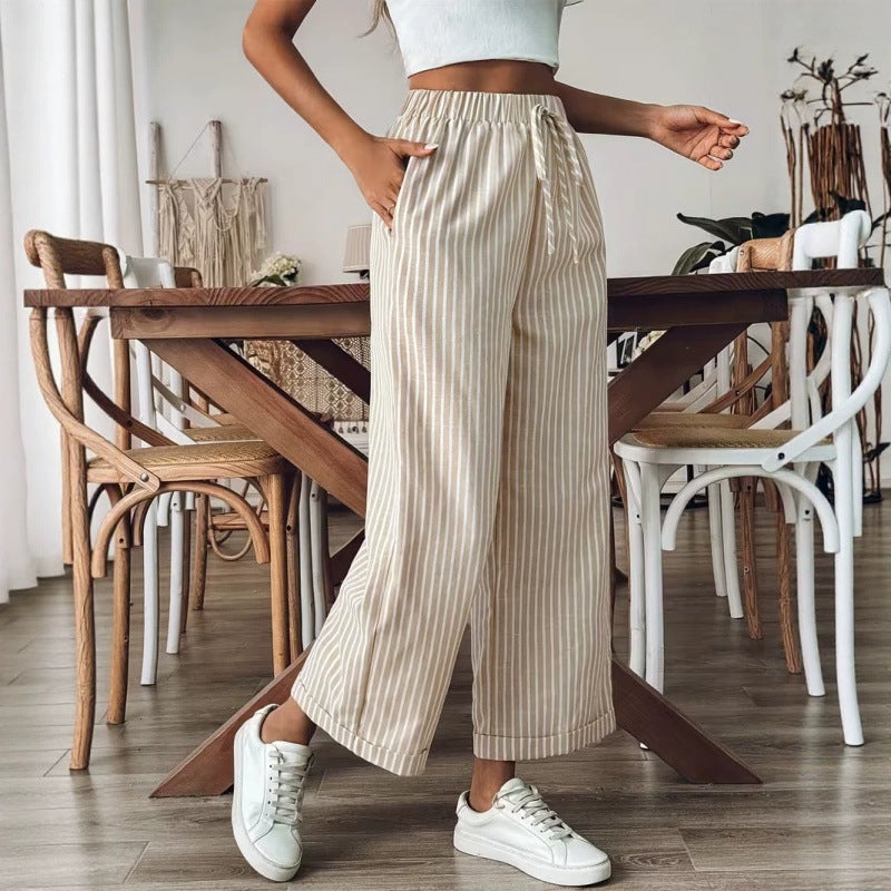 Casual Linen-Cotton Striped Wide-Leg Pants with Pockets - Image 3