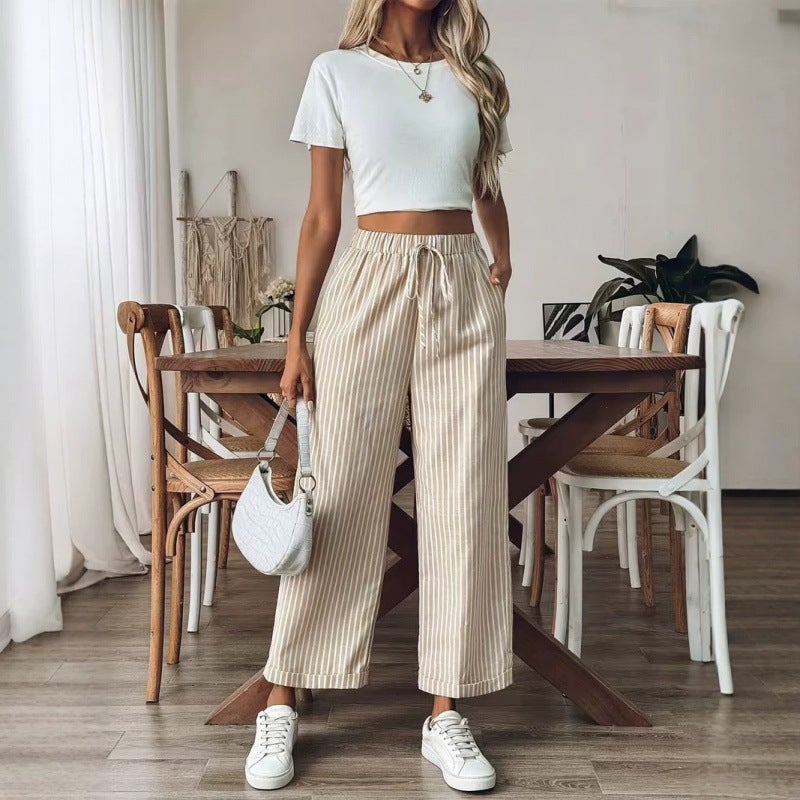 Casual Linen-Cotton Striped Wide-Leg Pants with Pockets - Image 4