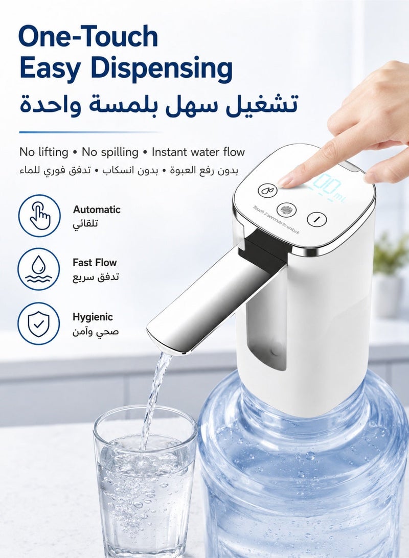 سوكاني مضخة مياه أوتوماتيكية قابلة للشحن عبر USB، مضخة كهربائية محمولة للعبوات ٥ جالون / ١٩ لتر، مضخة مياه صغيرة وهادئة للمنزل والمكتب والتخييم، باللون الأبيض - Image 5