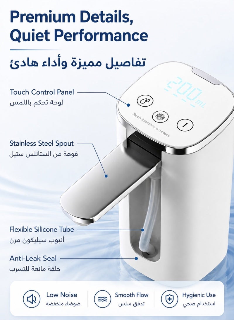 سوكاني مضخة مياه أوتوماتيكية قابلة للشحن عبر USB، مضخة كهربائية محمولة للعبوات ٥ جالون / ١٩ لتر، مضخة مياه صغيرة وهادئة للمنزل والمكتب والتخييم، باللون الأبيض - Image 2