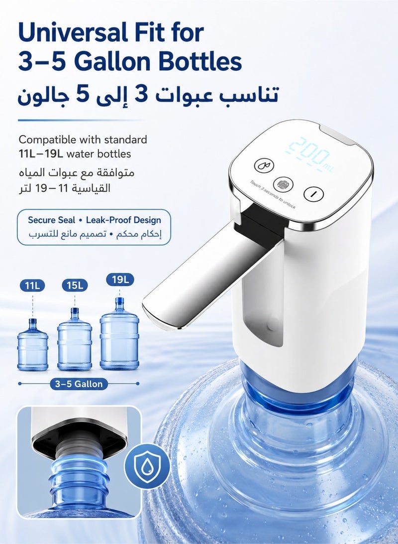 سوكاني مضخة مياه أوتوماتيكية قابلة للشحن عبر USB، مضخة كهربائية محمولة للعبوات ٥ جالون / ١٩ لتر، مضخة مياه صغيرة وهادئة للمنزل والمكتب والتخييم، باللون الأبيض - Image 3
