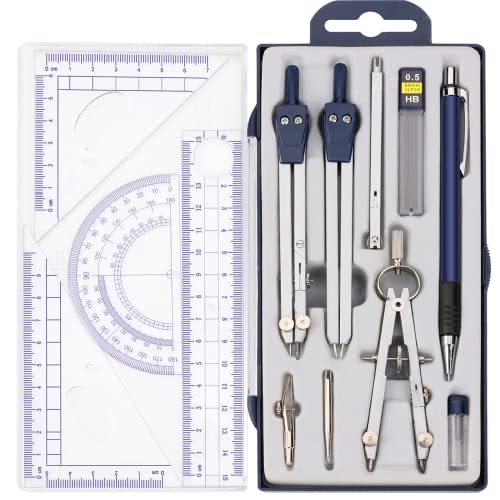 Ysglory 13 Pieces Geometry Set Compass Geometry Tools Math Compass and Protractors Set Metal Drawing Compass Precision Set Graphic Compasses Triangle Rulers Pencils Protractor with Storage Case - Image 1