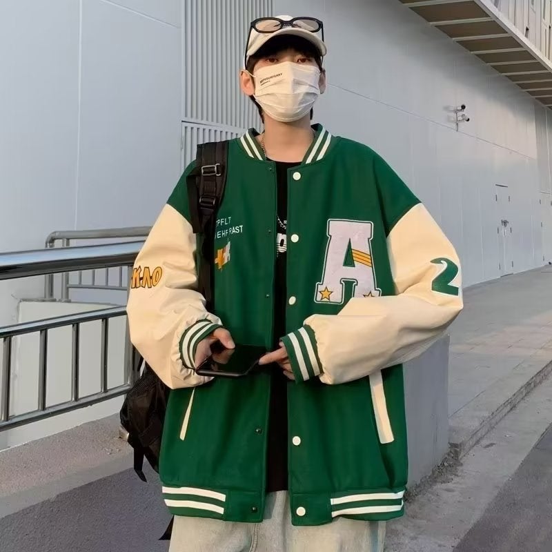 Autumn contrast color woolen coat mens Korean-style trendy loose baseball uniform casual 2023 new high street American jacket Black - Image 3