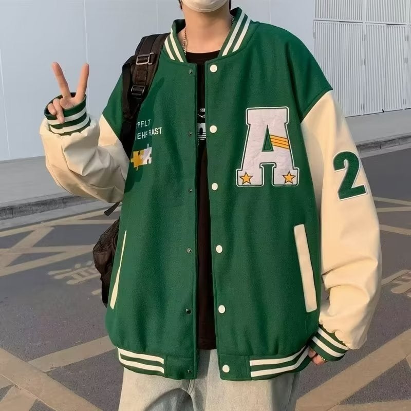 Autumn contrast color woolen coat mens Korean-style trendy loose baseball uniform casual 2023 new high street American jacket Black - Image 4
