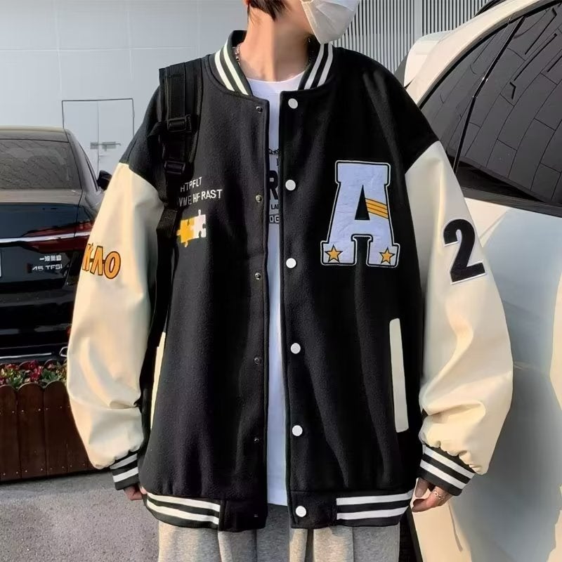 Autumn contrast color woolen coat mens Korean-style trendy loose baseball uniform casual 2023 new high street American jacket Black - Image 2