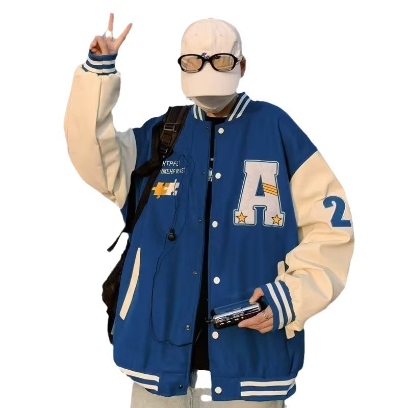Autumn contrast color woolen coat mens Korean-style trendy loose baseball uniform casual 2023 new high street American jacket Black - Image 5