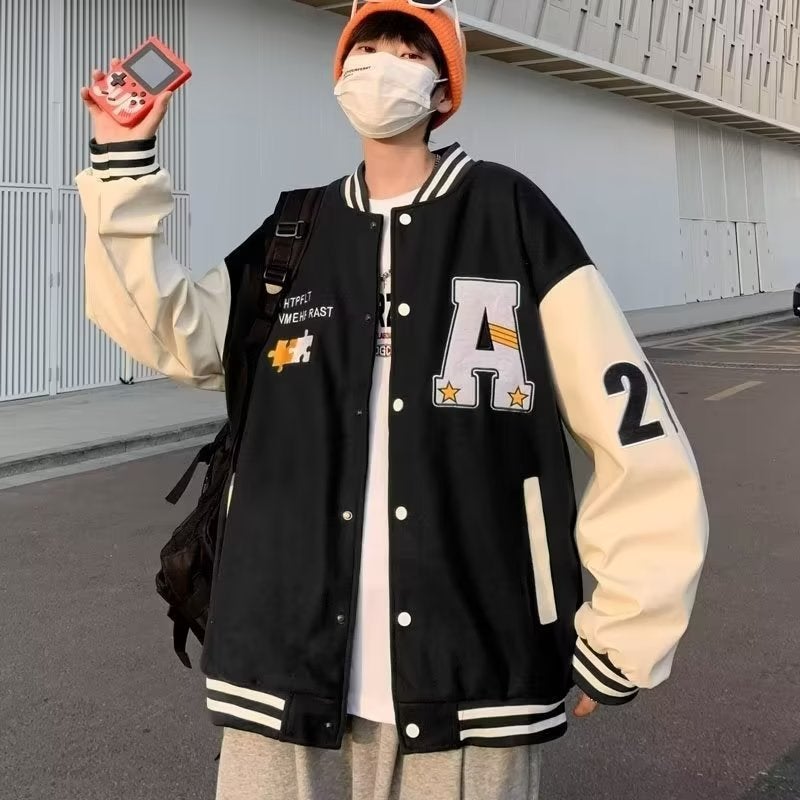 Autumn contrast color woolen coat mens Korean-style trendy loose baseball uniform casual 2023 new high street American jacket Black - Image 1