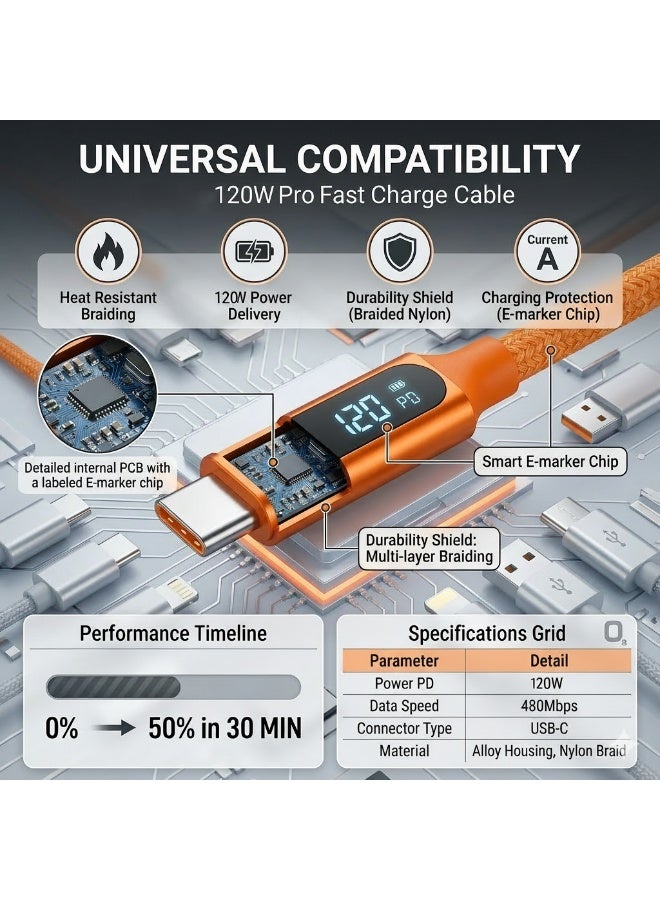 او ايت.ديزاين كابل شحن سريع 120 واط من نوع USB-C إلى USB-C، برتقالي اللون - كابل شحن سريع بطول 1.2 متر مصنوع من النايلون المضفر عالي التحمل بتقنية توصيل الطاقة (PD) لأجهزة iPhone و Samsung و Android. - Image 1