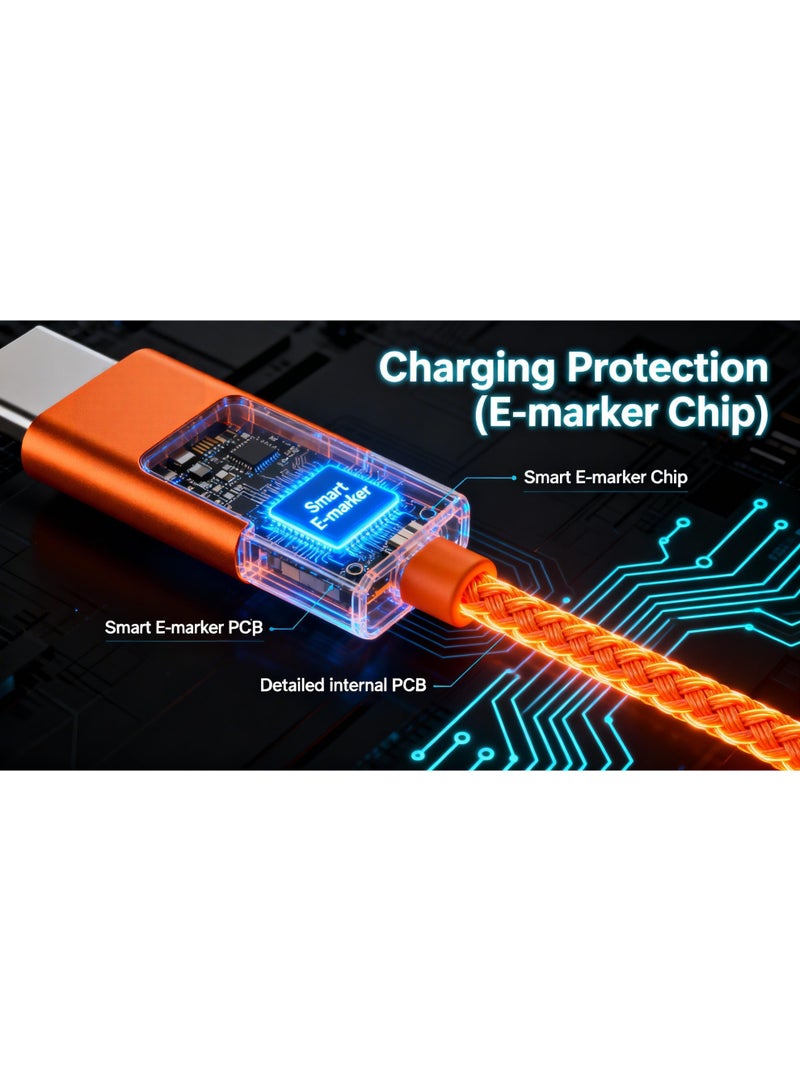 او ايت.ديزاين كابل شحن سريع 120 واط من نوع USB-C إلى USB-C، برتقالي اللون - كابل شحن سريع بطول 1.2 متر مصنوع من النايلون المضفر عالي التحمل بتقنية توصيل الطاقة (PD) لأجهزة iPhone و Samsung و Android. - Image 4