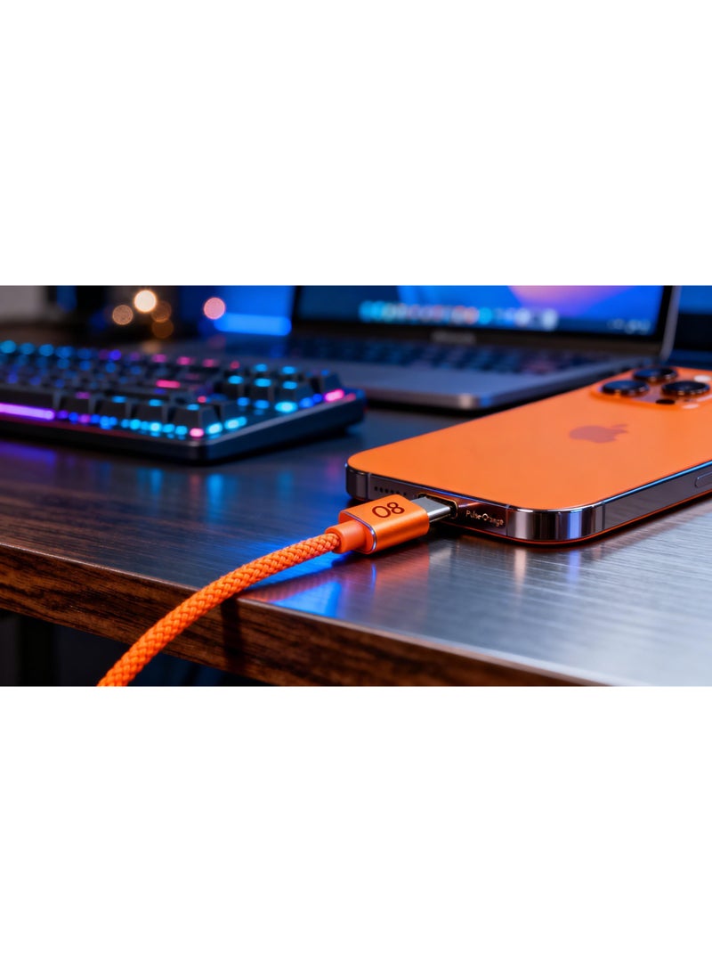 او ايت.ديزاين كابل شحن سريع 120 واط من نوع USB-C إلى USB-C، برتقالي اللون - كابل شحن سريع بطول 1.2 متر مصنوع من النايلون المضفر عالي التحمل بتقنية توصيل الطاقة (PD) لأجهزة iPhone و Samsung و Android. - Image 5