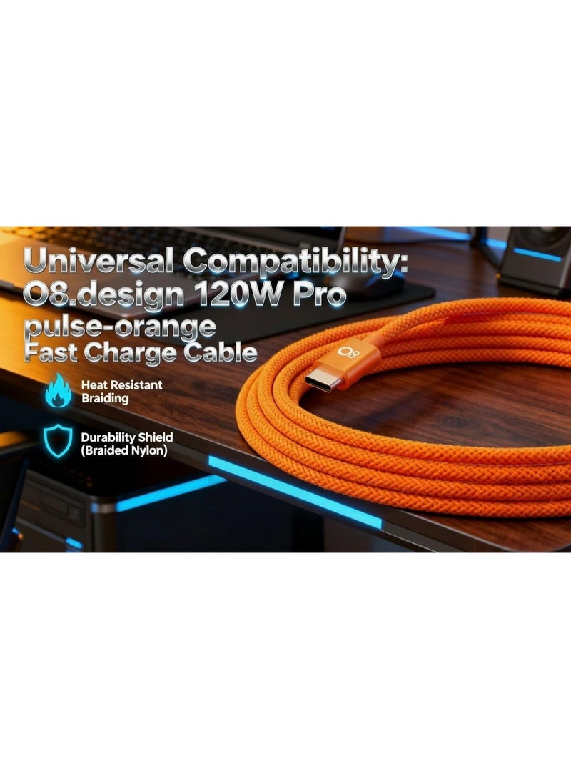 او ايت.ديزاين كابل شحن سريع 120 واط من نوع USB-C إلى USB-C، برتقالي اللون - كابل شحن سريع بطول 1.2 متر مصنوع من النايلون المضفر عالي التحمل بتقنية توصيل الطاقة (PD) لأجهزة iPhone و Samsung و Android. - Image 2