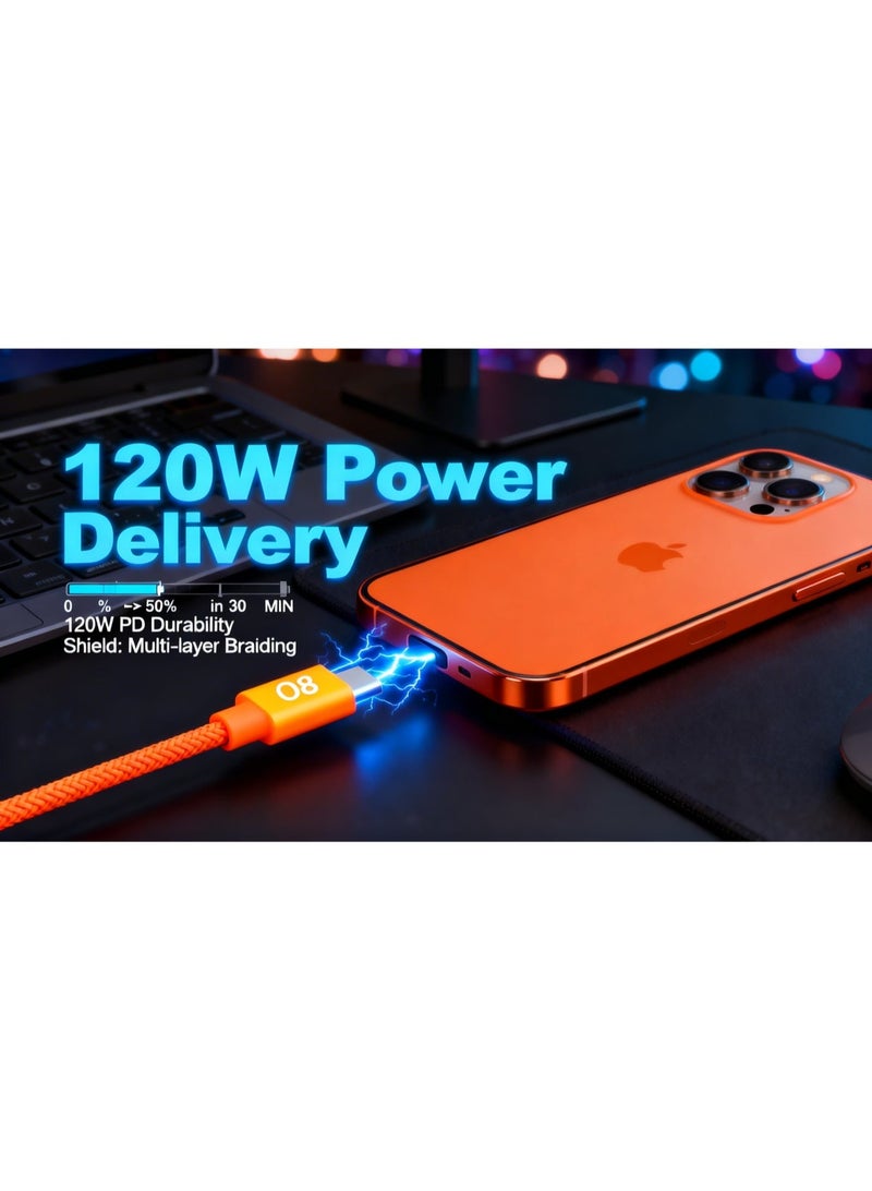 او ايت.ديزاين كابل شحن سريع 120 واط من نوع USB-C إلى USB-C، برتقالي اللون - كابل شحن سريع بطول 1.2 متر مصنوع من النايلون المضفر عالي التحمل بتقنية توصيل الطاقة (PD) لأجهزة iPhone و Samsung و Android. - Image 3