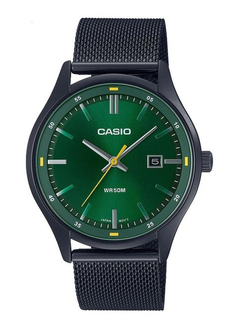 Casio Men Watch Analog Date Display Green Dial Stainless Steel Mesh Band Black Ion Plated Case and Band MTP-E710MB-3AVDF