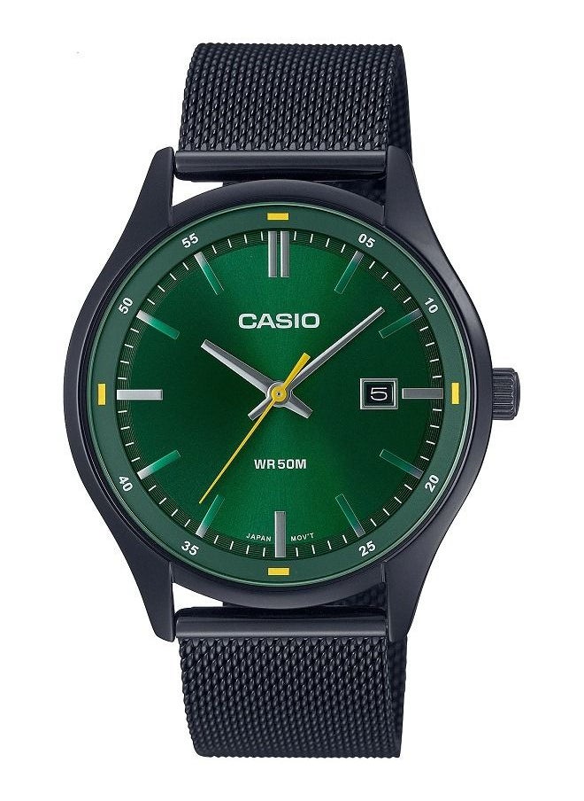 Casio Men Watch Analog Date Display Green Dial Stainless Steel Mesh Band Black Ion Plated Case and Band MTP-E710MB-3AVDF