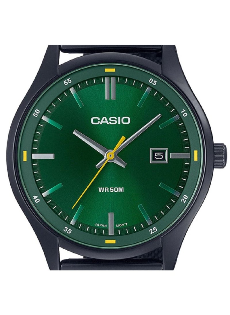 Casio Men Watch Analog Date Display Green Dial Stainless Steel Mesh Band Black Ion Plated Case and Band MTP-E710MB-3AVDF