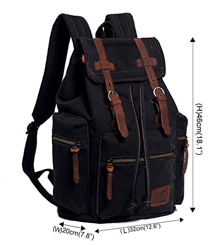 HuaChen Vintage Travel Canvas Backpack with Leather Accents – Durable Rucksack for Hiking, Camping, and Everyday Use for Men and Women - M32 Black L - Image 2