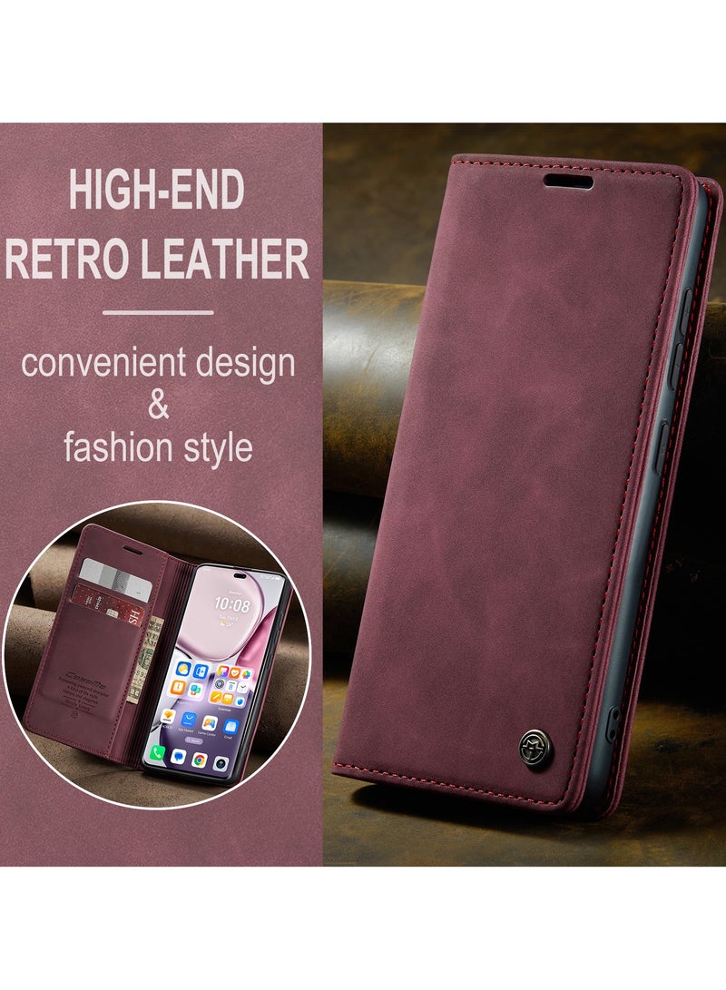 CaseMe Phone Case Luxury PU Leather Design 013 Flip Cover Card Slot Holder Cover For  Honor X9C / Honor x60 Pro  (Red) - Image 4