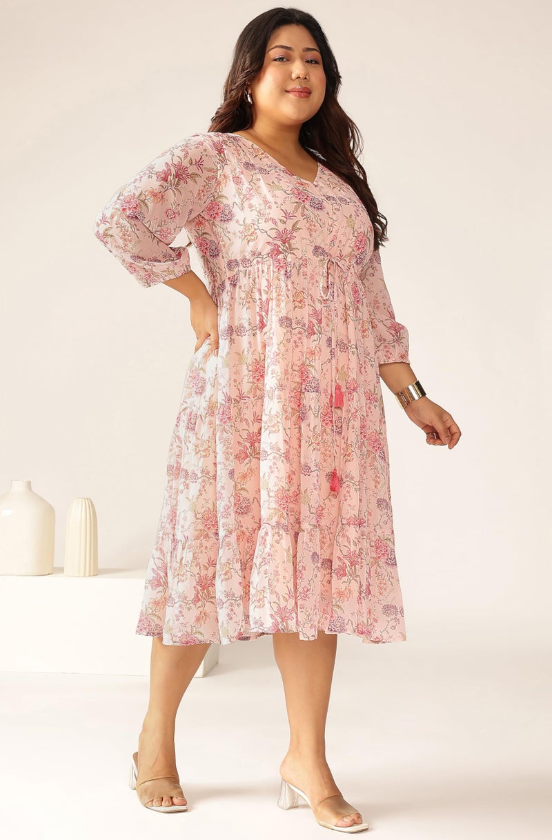 Janasya Women's Plus Size Pink Georgette Floral Printed Tiered Dress (XLA25DR01466-6XL) - Image 3