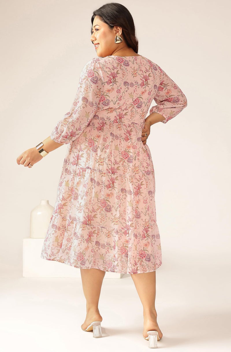 Janasya Women's Plus Size Pink Georgette Floral Printed Tiered Dress (XLA25DR01466-6XL) - Image 4