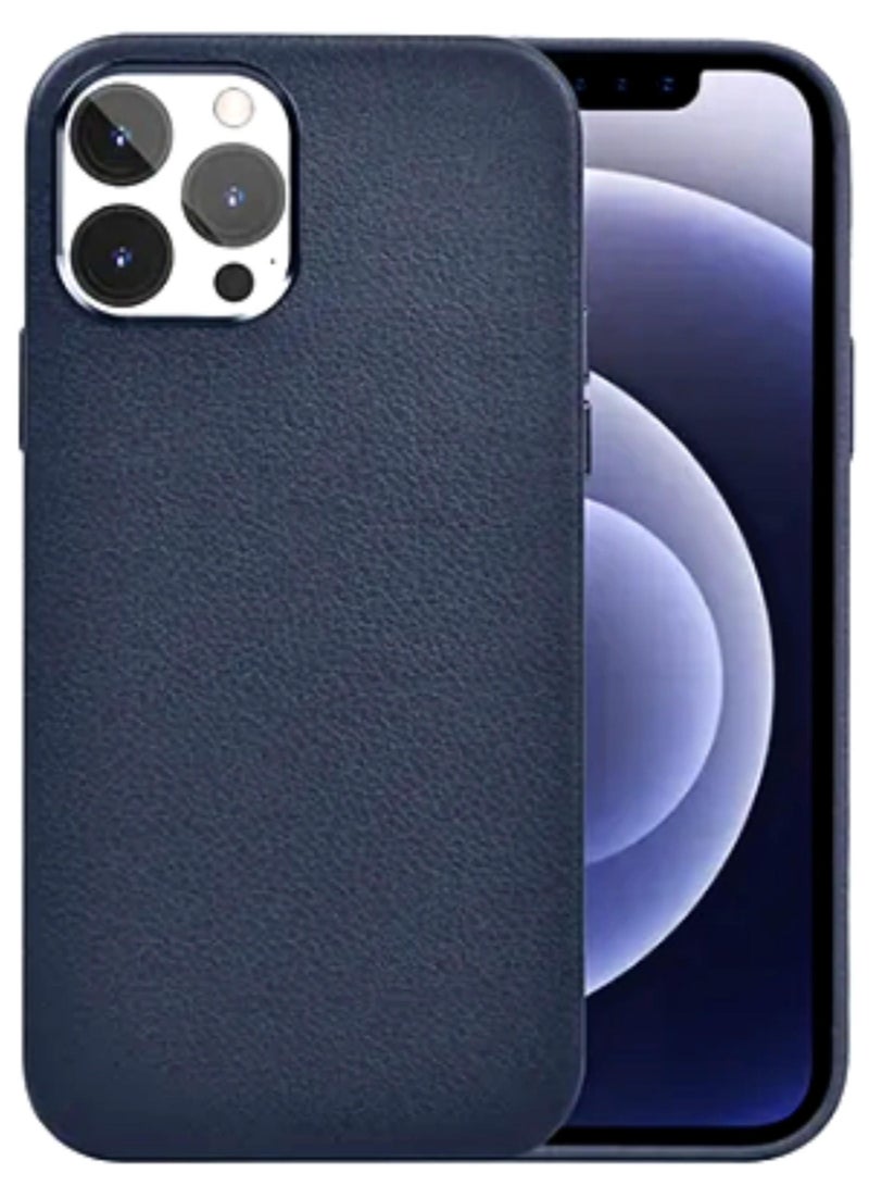 Calfskin Genuine Leather Cover Case For iPhone 12 Pro Max Blue