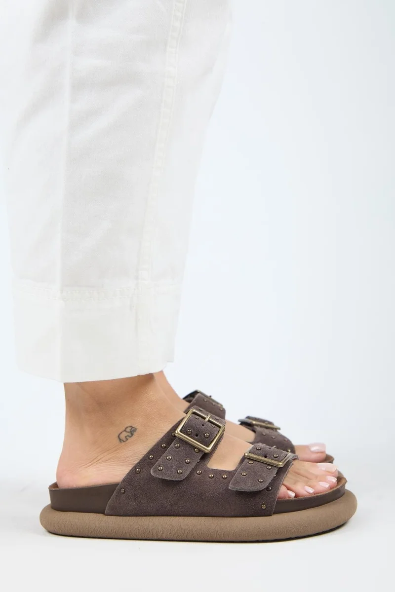 Manijero Manijero (Sude) Women's Genuine Leather Double Buckle Slippers Light Brown