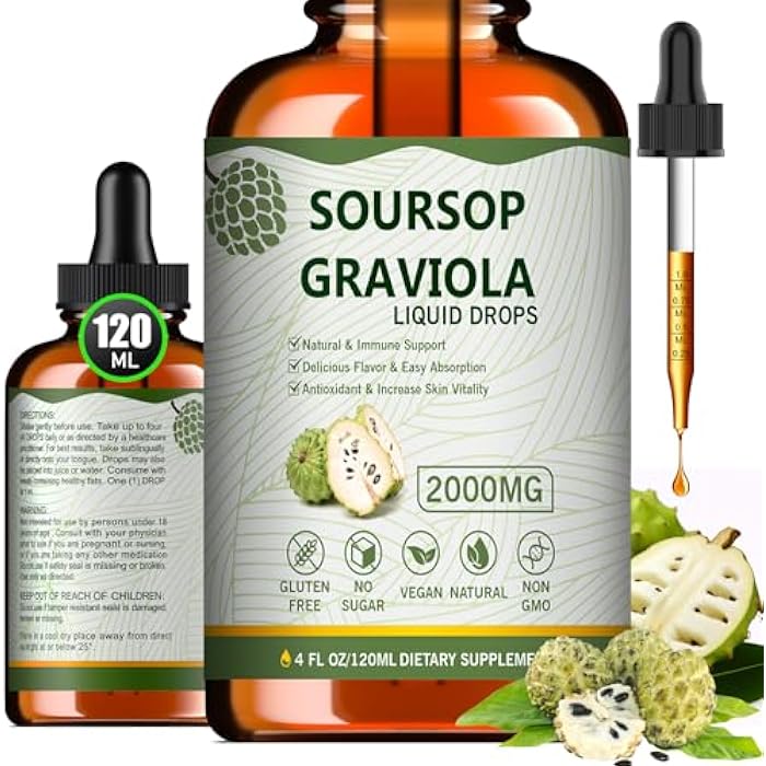 Mosslly قطرات سائلة من مرارة السورسيوب العضوية 7 في 1، مستخلص ورق السورسيوب، دعم المناعة، إزالة المرارة، 4 أونصة سائلة - Image 1